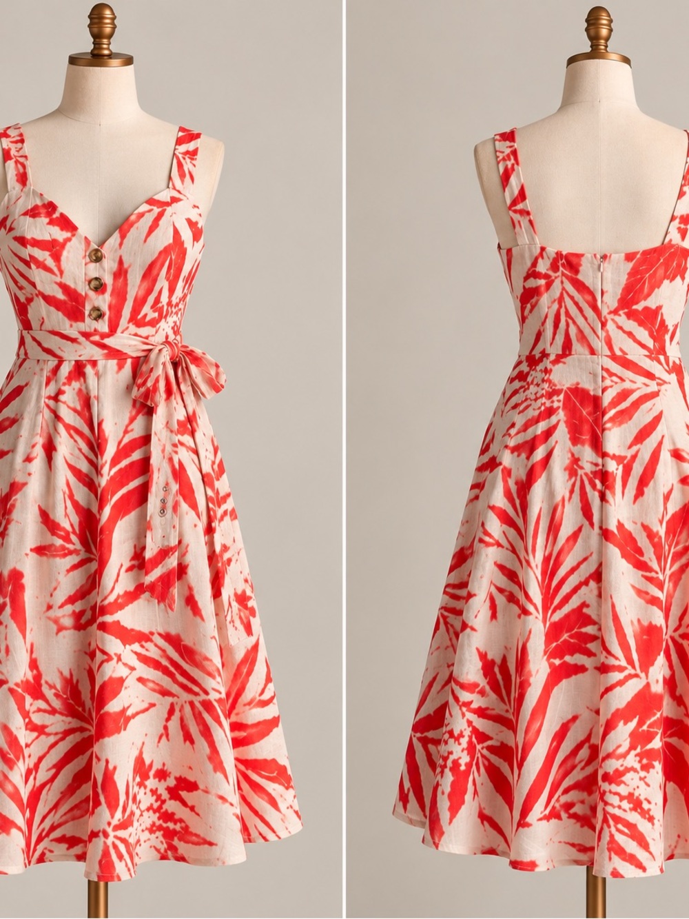 DKNY Coral-White Printed Midi Dress with Tie Waist